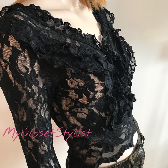 Victoria’s Secret NEW Black Lace Blouse Bell Sleeve RARE Top xs V-Neck Ruffle - Picture 3 of 6